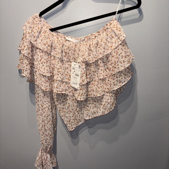 ZARA TRAFALUC COLLECTION Crop Top One Shoulder/Sleeve‎ Pink Floral Ruffle SzXS - Picture 1 of 8